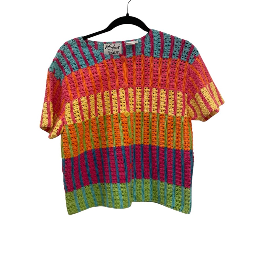 Michael Simon Rainbow Vintage Crochet Short Sleeve Button Cardigan Sweater